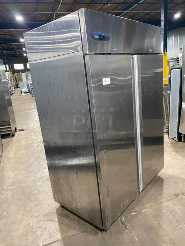Hoshizaki commercial stainless steel 2-door reach-in refrigerator, Energy Star certified, poly-coated wired rack, on casters.