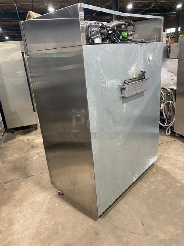 Hoshizaki commercial stainless steel 2-door reach-in refrigerator. Energy Star certified, with poly-coated wired rack and casters. 115V, 1 phase.