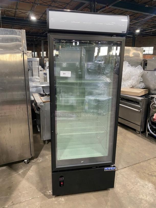 Ojeda FMH-27 commercial single glass swing door refrigerator with poly-coated wire rack, Model: FMH27, 120V, SN: 0013130-32488-D.
