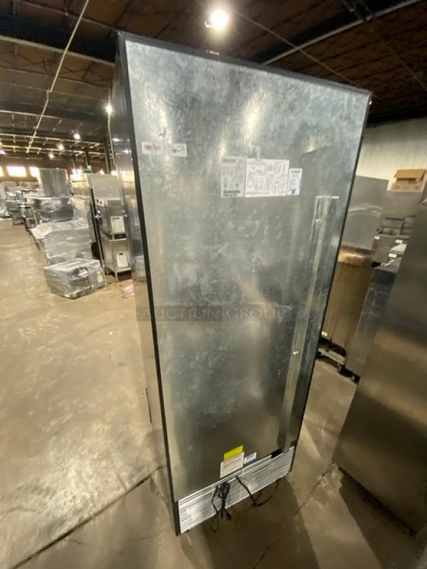 Ojeda FMH27 commercial refrigerator with single glass swing door, poly coated rack, tags with model and serial number, 120V 1 Phase.