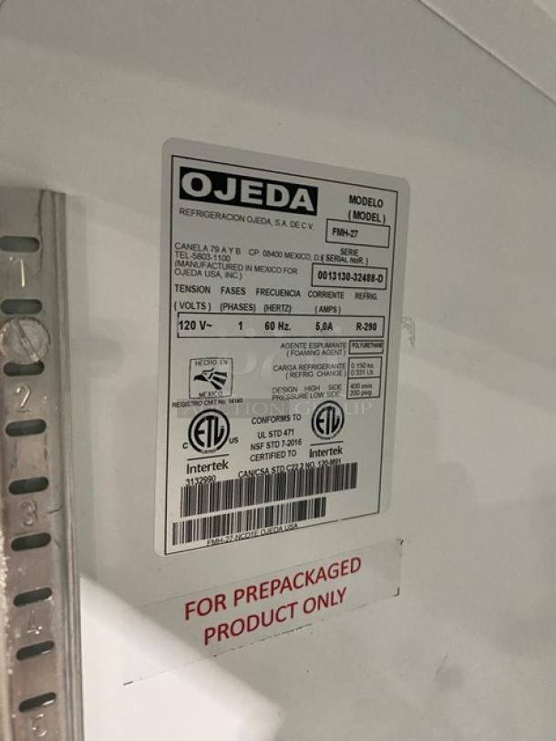 Ojeda FMH-27 commercial refrigerator label, model SN: 0013130-32488-D, 120V, 1 phase, ETL certified, for prepackaged products.