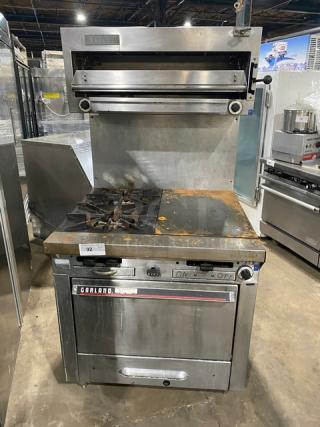Garland Commercial Stainless Steel Natural Gas Powered 2 Burner/Flat Plate Split-Top Range & Oven Combo! With Back Splash & Overhead Salamander Broiler/Cheese Melter! With Wired Oven Rack! On Legs! - Item #1209263