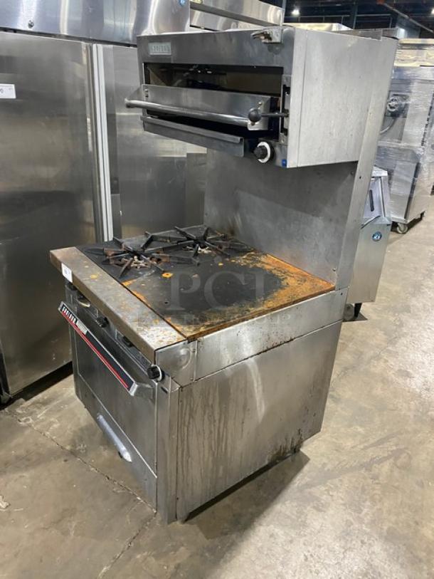 Garland stainless steel natural gas range with 2 burners, flat plate, split-top, oven, backsplash, salamander broiler, on legs.