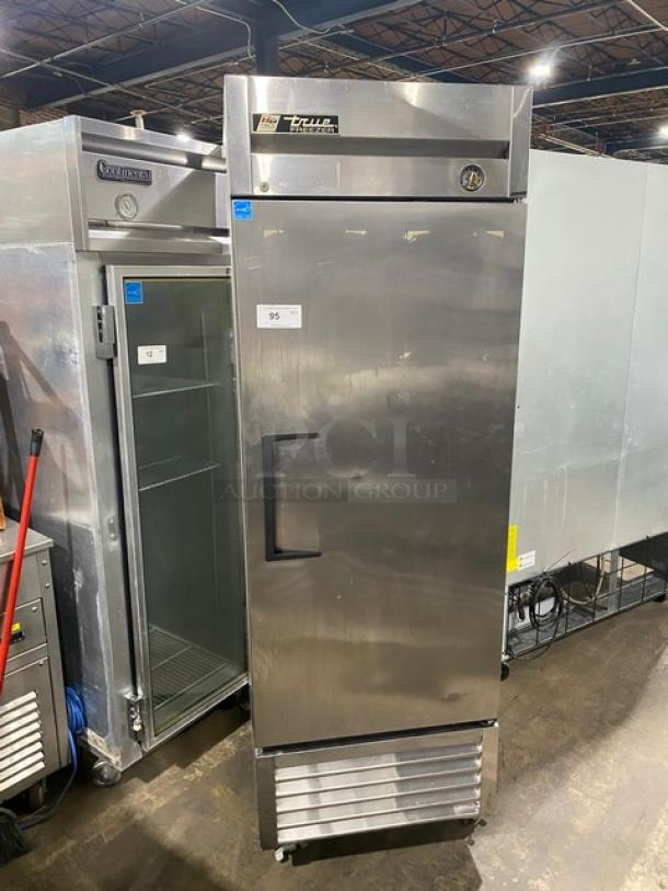 True T-23F commercial stainless steel single door reach-in freezer on casters. Energy Star certified with poly-coated wire rack.