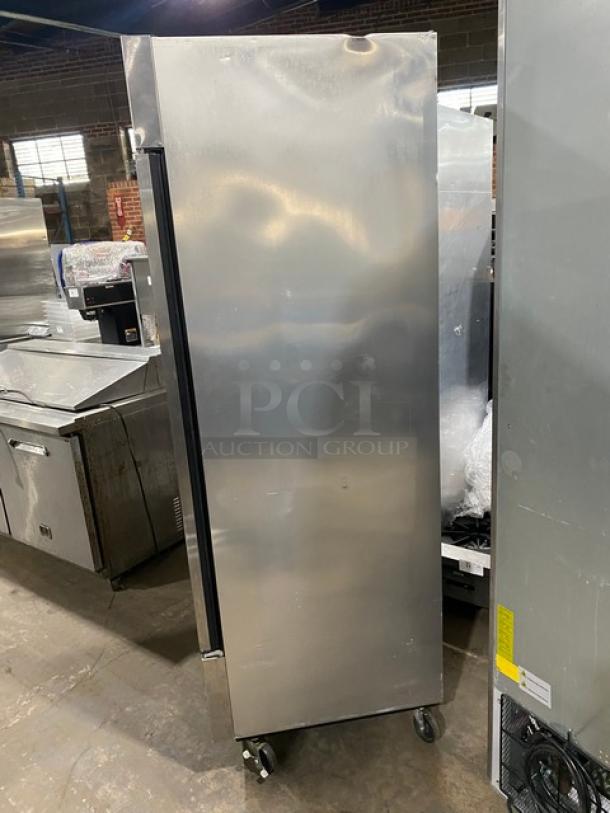 True T-23F stainless steel single door reach-in freezer on casters, Energy Star certified, with poly-coated wire rack.