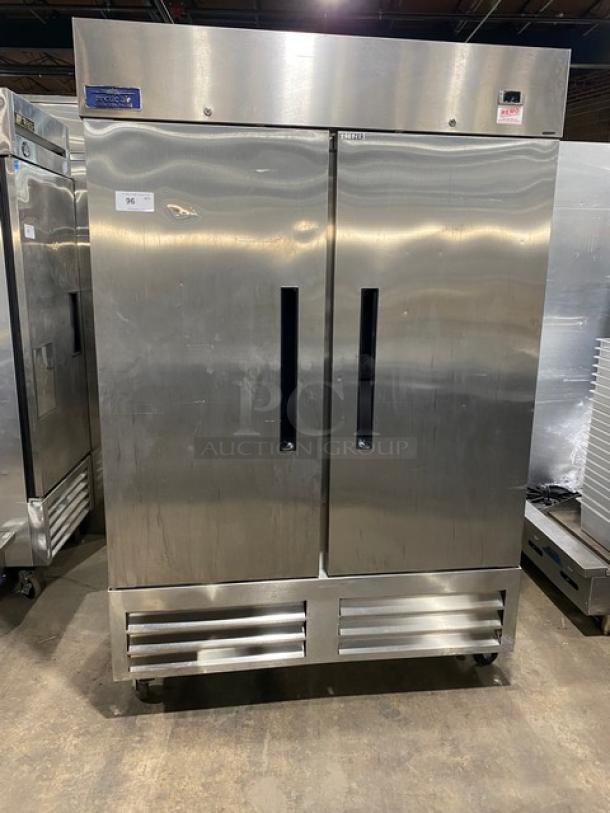 Arctic Air AF49EX stainless steel 2-door reach-in freezer with poly-coated racks, model SN: H20041804, on casters, 115V.
