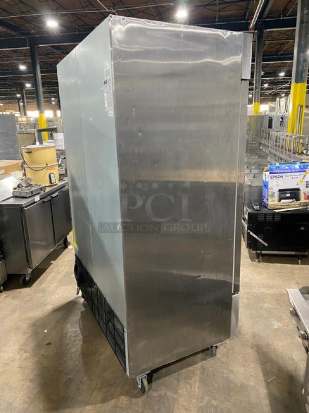 Arctic Air AF49EX stainless steel 2-door reach-in freezer, poly-coated racks, model SN: H20041804, on casters, 115V.