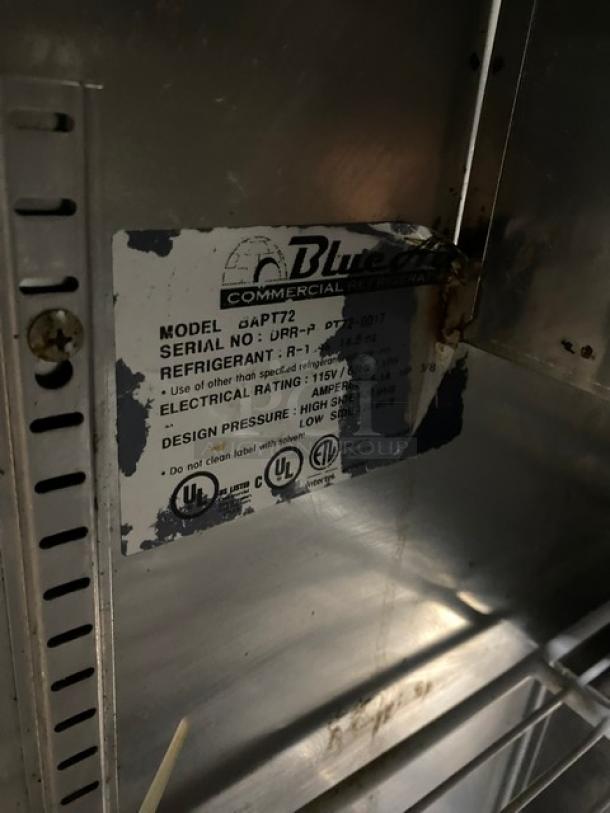 Blue Air BAPT72 stainless steel refrigerated prep table label with model, serial number, electrical info, and UL markings.