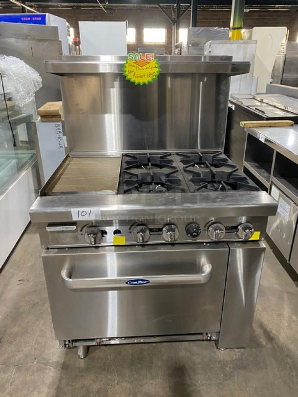 CookRite ATO12G4B commercial stainless steel range with flat-griddle, 4-burner stove, oven, backsplash, salamander shelf. New condition.