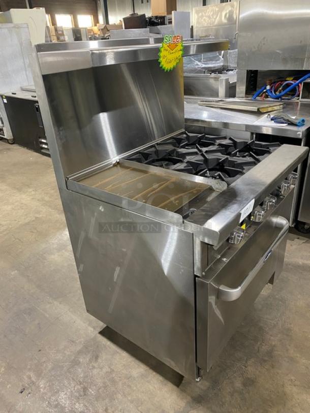 CookRite ATO12G4B stainless steel range and oven combo with flat-griddle, 4-burners, backsplash, and salamander shelf. New condition.