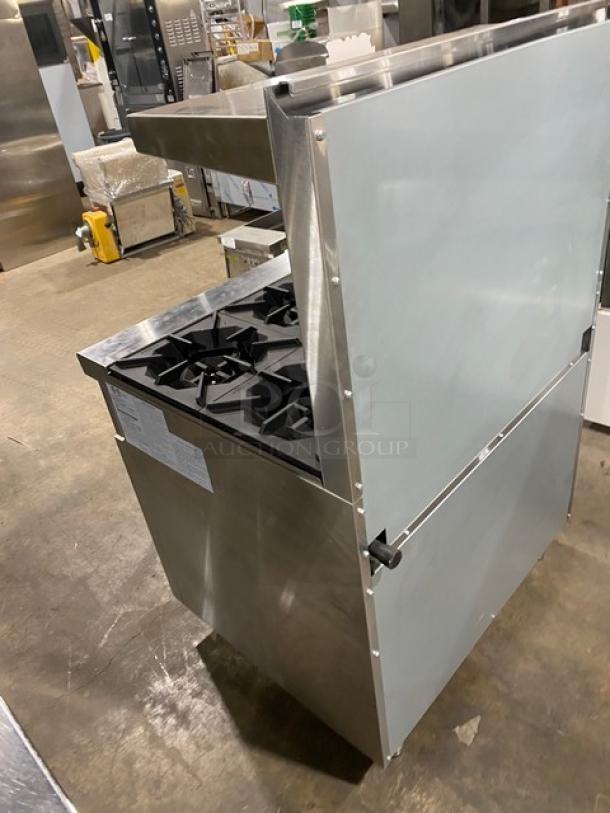 CookRite ATO-12G4B stainless steel range and griddle combo, with 4 burners, oven, backsplash, salamander shelf, and wired rack.