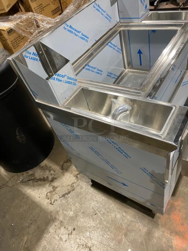 New Infinity Casino Series stainless steel underbar ice bin/cocktail station, model ICSS36P10CBM, with speed rail.