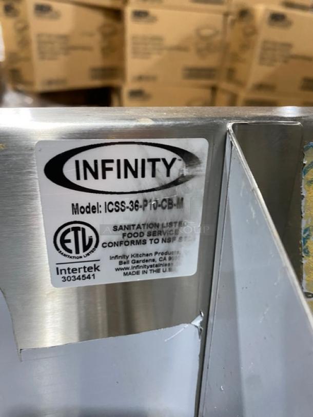 Infinity Casino Series stainless steel underbar ice bin/cocktail station, model ICSS-36-P10-CB-M, with speed rail. Scratch-n-dent condition.