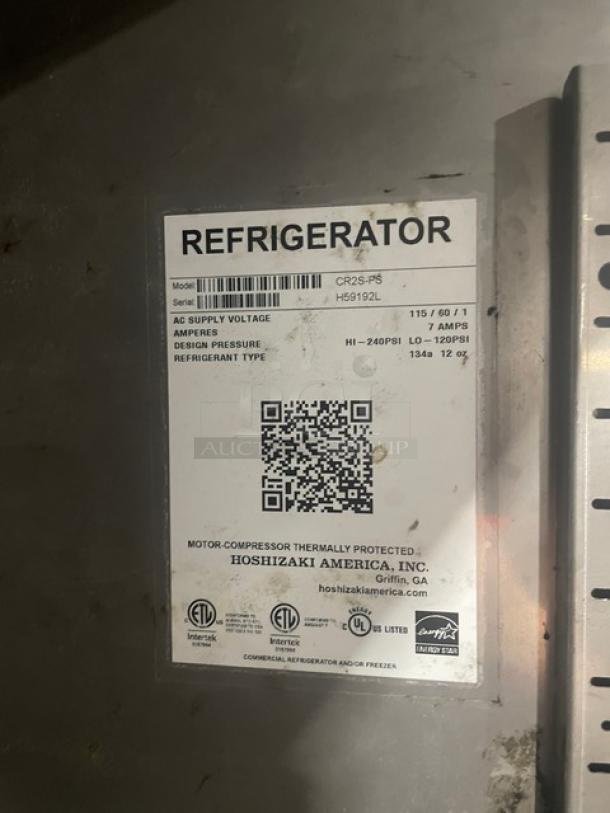 Hoshizaki Commercial Stainless Steel 2 Door Reach-In Refrigerator, Model CR2S-FS, SN H59192L, Energy Star Certified, 115V 1 Phase, with Poly Coated Wired Rack, on Casters.