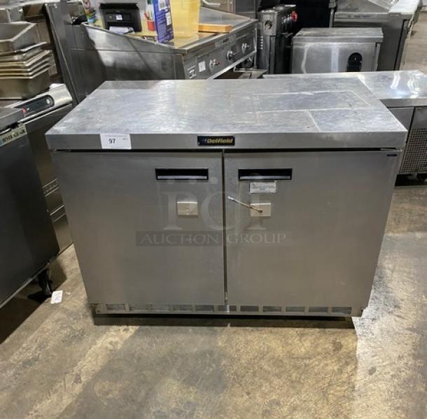 Delfield 4448 stainless steel 2-door undercounter refrigerator, wired rack, flat top, commercial use, model 4448, 115V.
