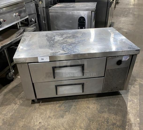 True Commercial Stainless Steel 2 Drawer Refrigerated Chef Base, Model TRCB-48, on casters, 115V, 1 Phase, slightly worn.