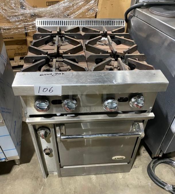 Jade Range Bistro Series 4-burner stainless steel gas range/oven combo, wired oven rack, visible knobs, and legs.