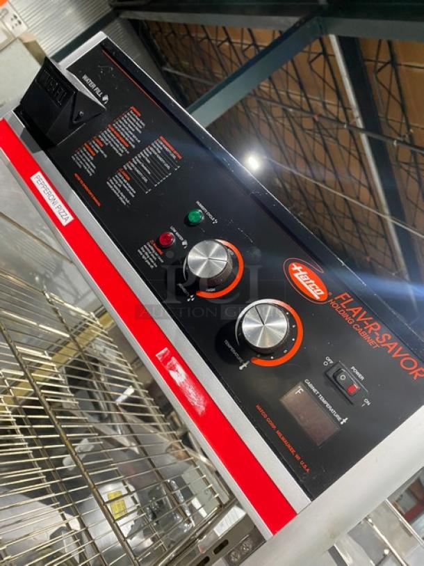 Hatco Flav-R-Savor FSDT-1X commercial hot-food display cabinet, features wired 4-pan rack, humidified, 120V, SN: 5099130813.