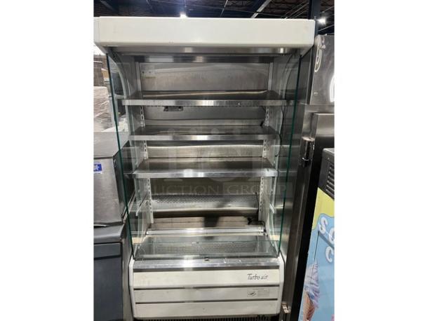 Turbo Air TOM-40W refrigerated display case, white, multi-tier, stainless steel interior, adjustable shelves, model TOM-40W.