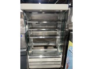 Turbo Air TOM-40W refrigerated display case, white, multi-tier, stainless steel interior, adjustable shelves, model TOM-40W.
