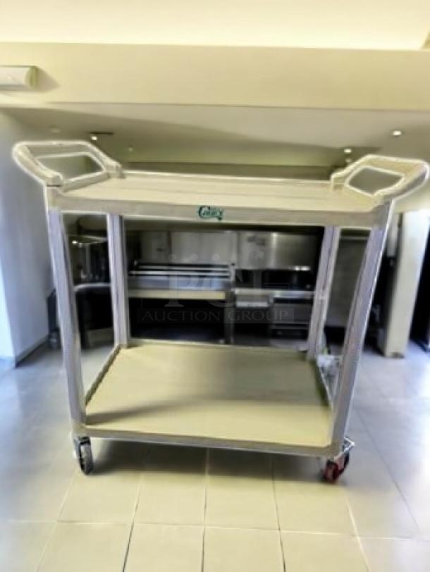 Brand new Choice 3-shelf grey utility cart; durable design, handles on both ends, excellent condition, model tag visible.