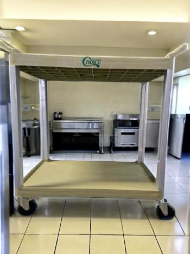 Brand new Choice large 3-shelf bus cart in grey, featuring durable construction and wheels, perfect condition.