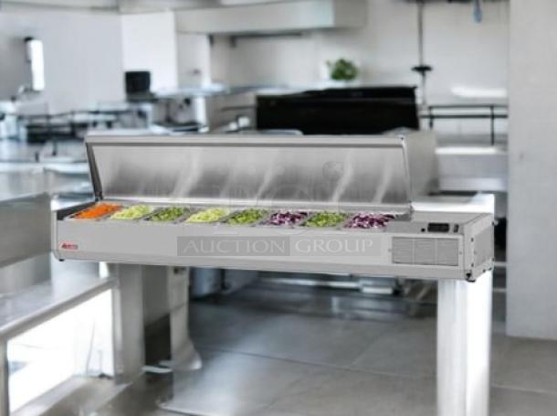 Brand new Turbo Air CTST-1800-N refrigerated countertop food prep rail, 71" stainless steel, 10 pan capacity.