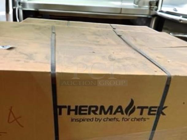 Brand new Therma-Tek TCHP24-4L countertop gas hotplate in box, featuring 4 open burners and stainless steel design.