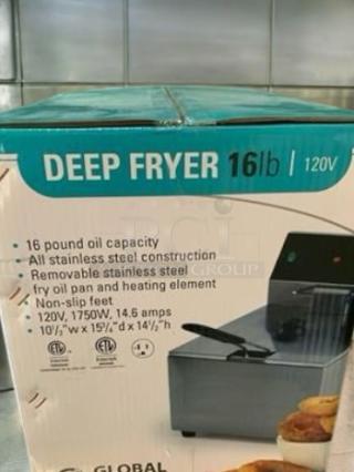 Brand New Global Solutions GS1611-120 Electric Deep Fryer, 16 lb oil capacity, 120V, stainless steel, excellent condition.