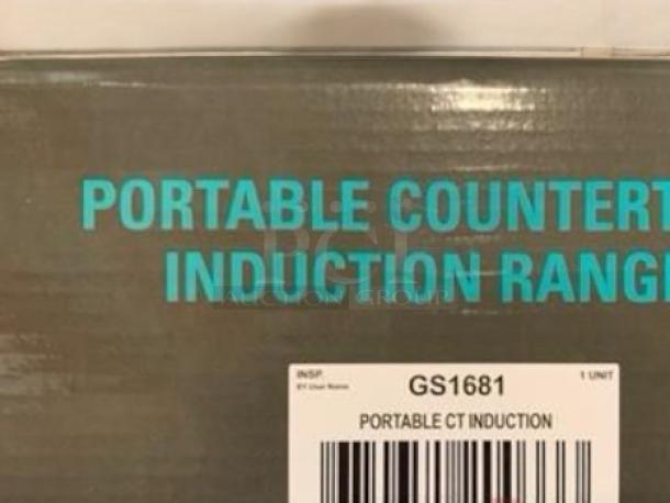 Brand new Global Solutions GS1681 Portable Countertop Induction Range box, showing model label and barcode, 120V.