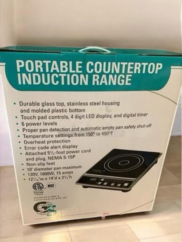 Brand New Global Solutions GS1681 Portable Countertop Induction Range, 120V, in box. Features durable glass top, 6 power levels, touch pad controls, LED display.