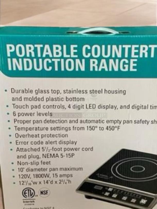 Brand new Global Solutions GS1681 portable induction range, 120V. Features touch controls, LED display, and safety functions.