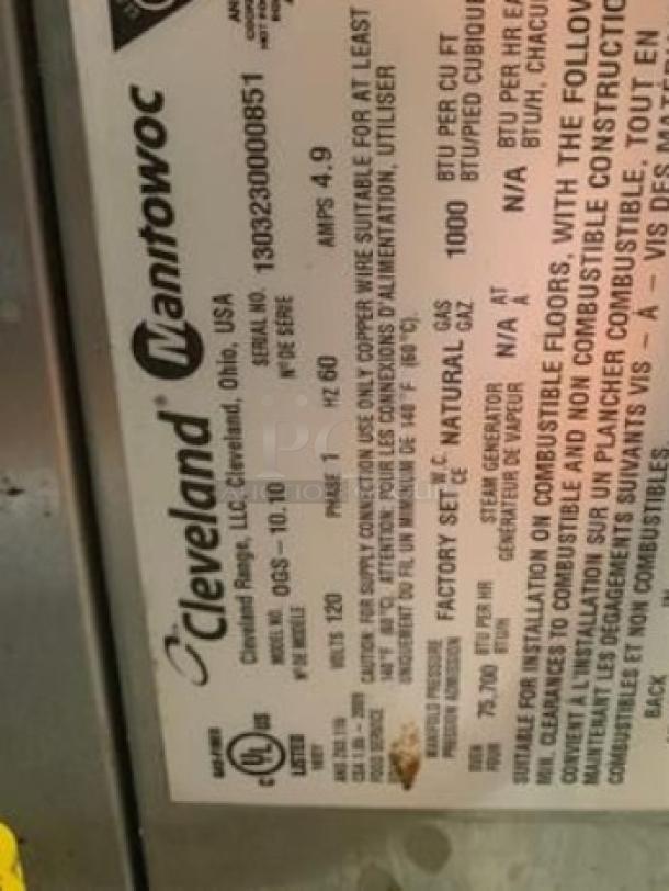 Cleveland Convotherm gas combi oven-steamer label showing model details and specifications.