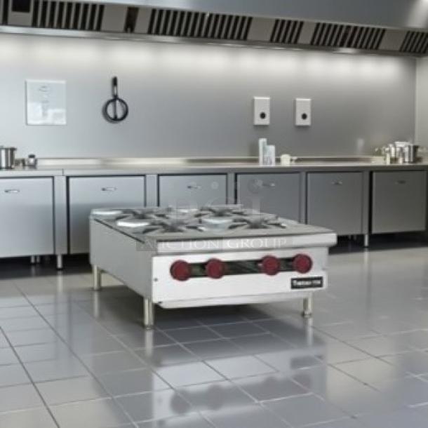 Brand new Therma-Tek TCHP24-4L countertop gas hotplate with 4 open burners, stainless steel, excellent condition.