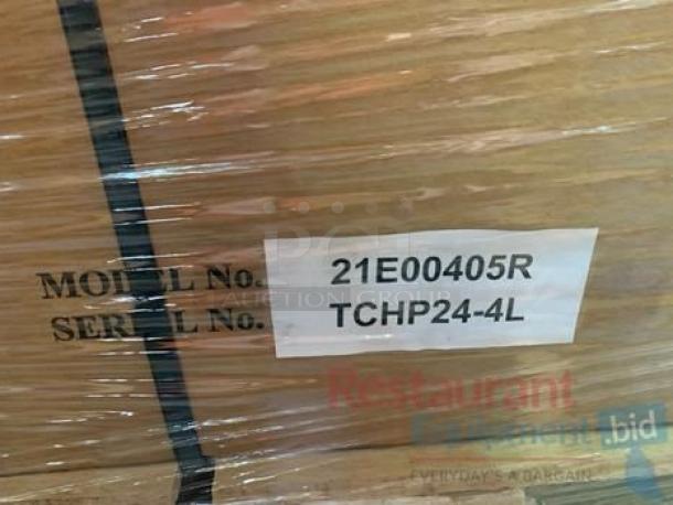 Therma-Tek TCHP24-4L countertop gas hotplate with 4 burners, new in packaging, model and serial numbers visible.