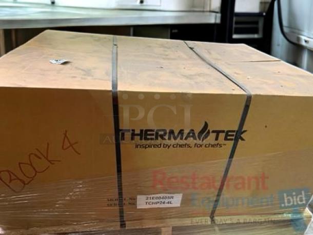 Therma-Tek TCHP24-4L countertop gas hotplate, new, 4 burners, stainless steel. Box with branding and model label visible.
