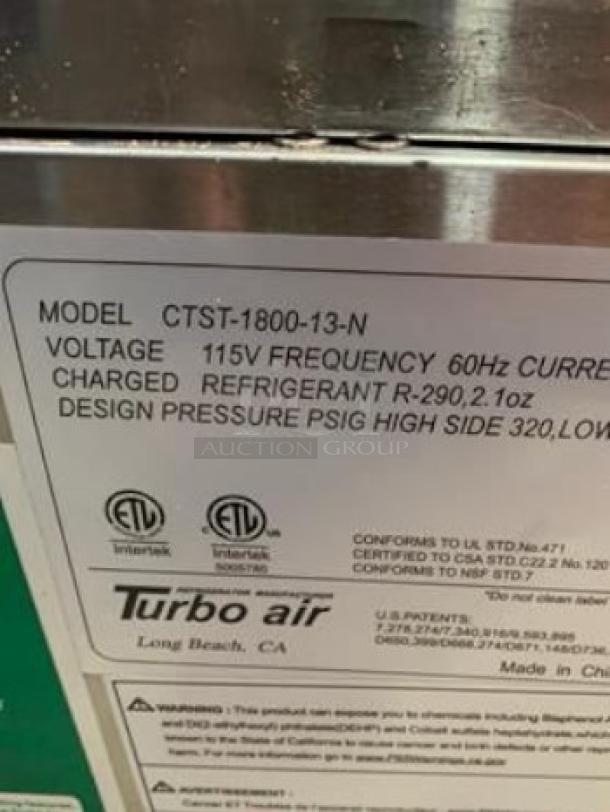 Turbo Air CTST-1800-13-N Refrigerated Prep Rail, 71", 13 pan capacity, excellent condition, fully tested.
