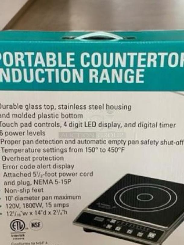 Brand New Global Solutions GS1681 Portable Induction Range, glass top, stainless steel, tested, 120V, 1800W, ETL, NSF certified.