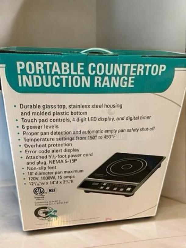 Brand new Global Solutions GS1681 Portable Countertop Induction Range in superb condition, featuring durable glass top, stainless steel housing, and LED display.