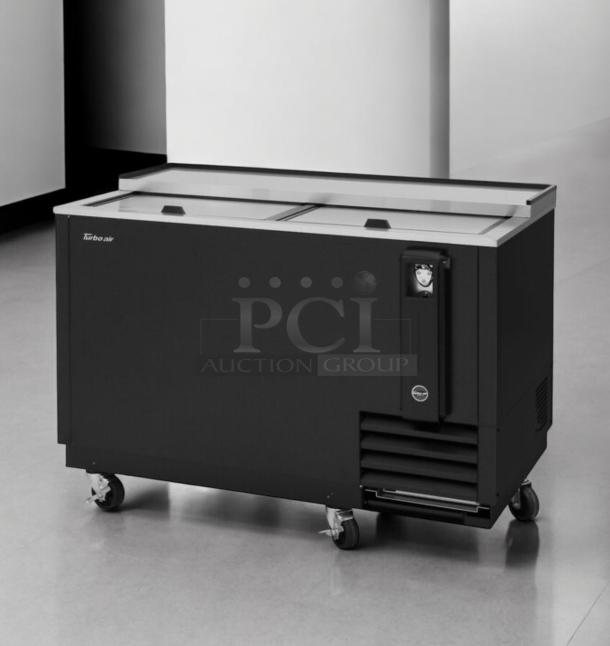 Turbo Air TBC-50SB-N6 bottle cooler, excellent condition, fully tested, 110–120V, black finish, on wheels, branding visible.