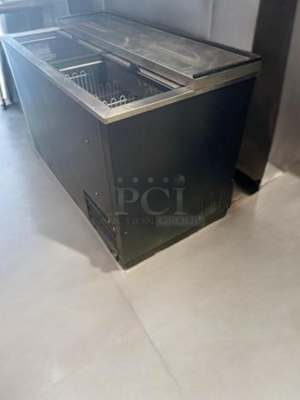 Turbo Air TBC-50SB-N6 bottle cooler in excellent condition, fully tested, 110-120V, with sliding top, black finish.