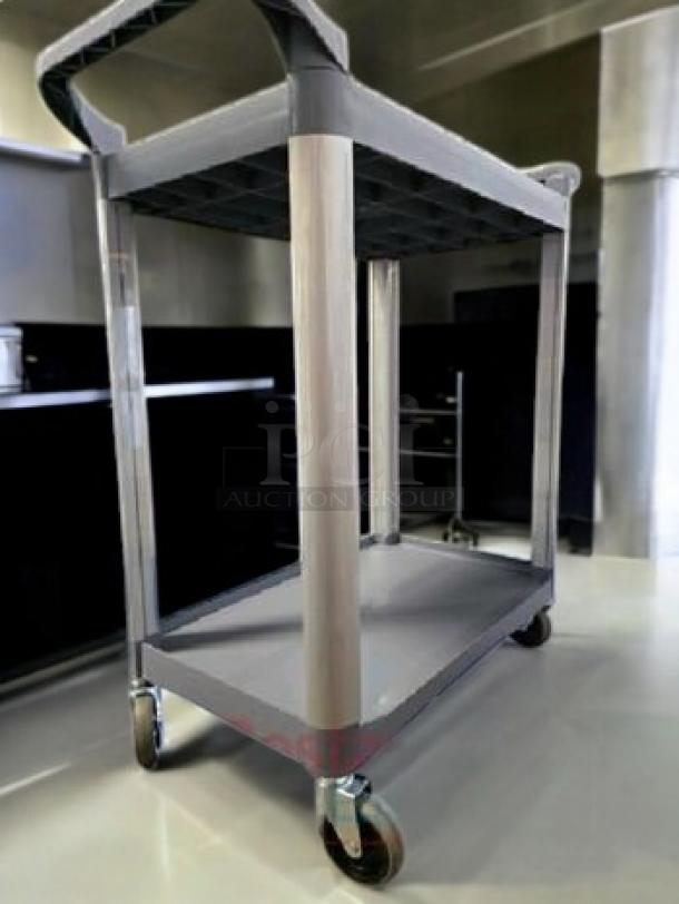 Brand new Choice 2-Shelf Gray Utility/Bus Cart, fully tested, with durable gray build and smooth-rolling wheels.