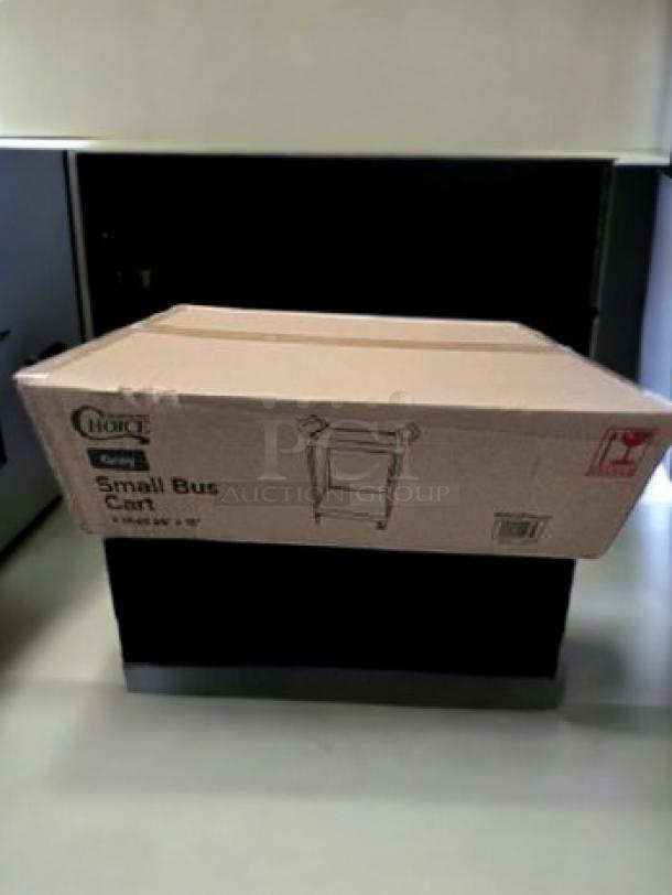 Alt text: Choice 2-Shelf Utility/Bus Cart box, labeled gray and fully tested, new condition.