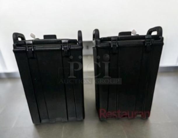 Set of 2 Cambro Soup Dispenser Carriers, excellent condition, fully tested and working, black, durable design.
