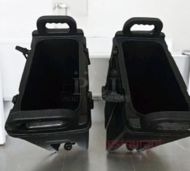 Cambro soup dispenser carriers, set of 2, excellent condition, tested and working. Black with handles and secure latches.