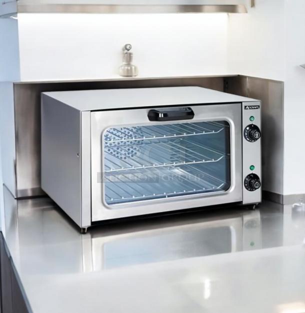 Adcraft COQ-1750W convection oven, excellent condition, 120V/1750W, stainless steel, fully tested, glass door, control knobs.