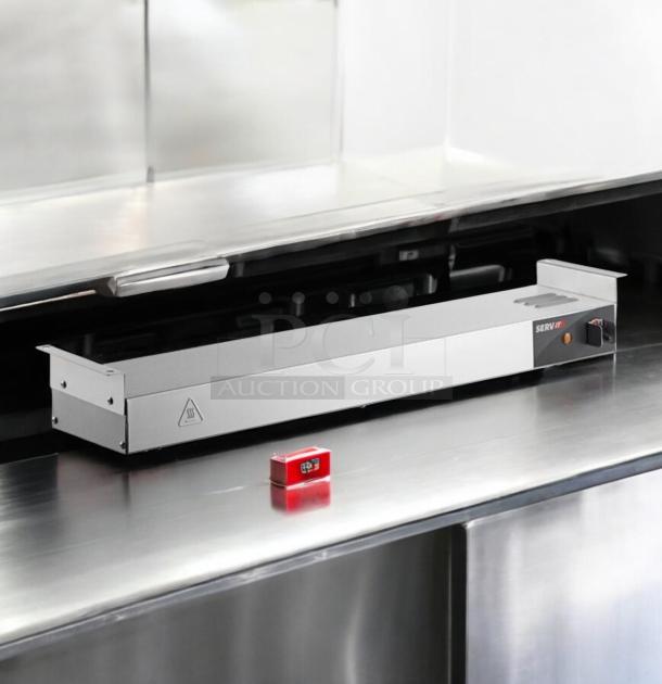 Brand new ServIt 423SIT30P 30" single strip warmer on a stainless counter, 120V, fully tested and working.