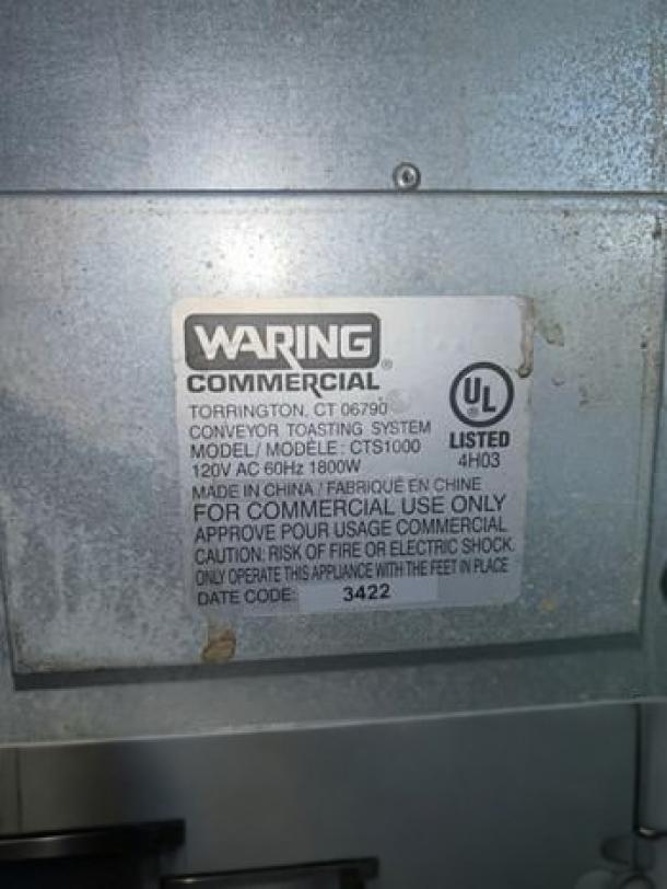 Waring Commercial CTS1000 Conveyor Toaster, 120V, 1800W, excellent condition. Label shows model and usage info.
