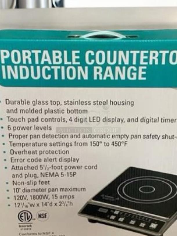 Brand New GS1681 Portable Induction Range, 120V, glass top, 6 power levels, 150°-450°F, LED display, tested, NEMA 5-15P plug.