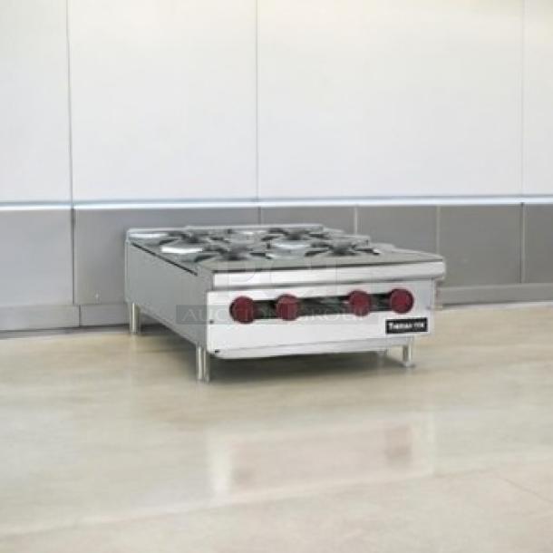Brand new Therma-Tek TCHP24-4L countertop 4-burner hotplate, natural gas, fully tested, stainless steel, red knobs.